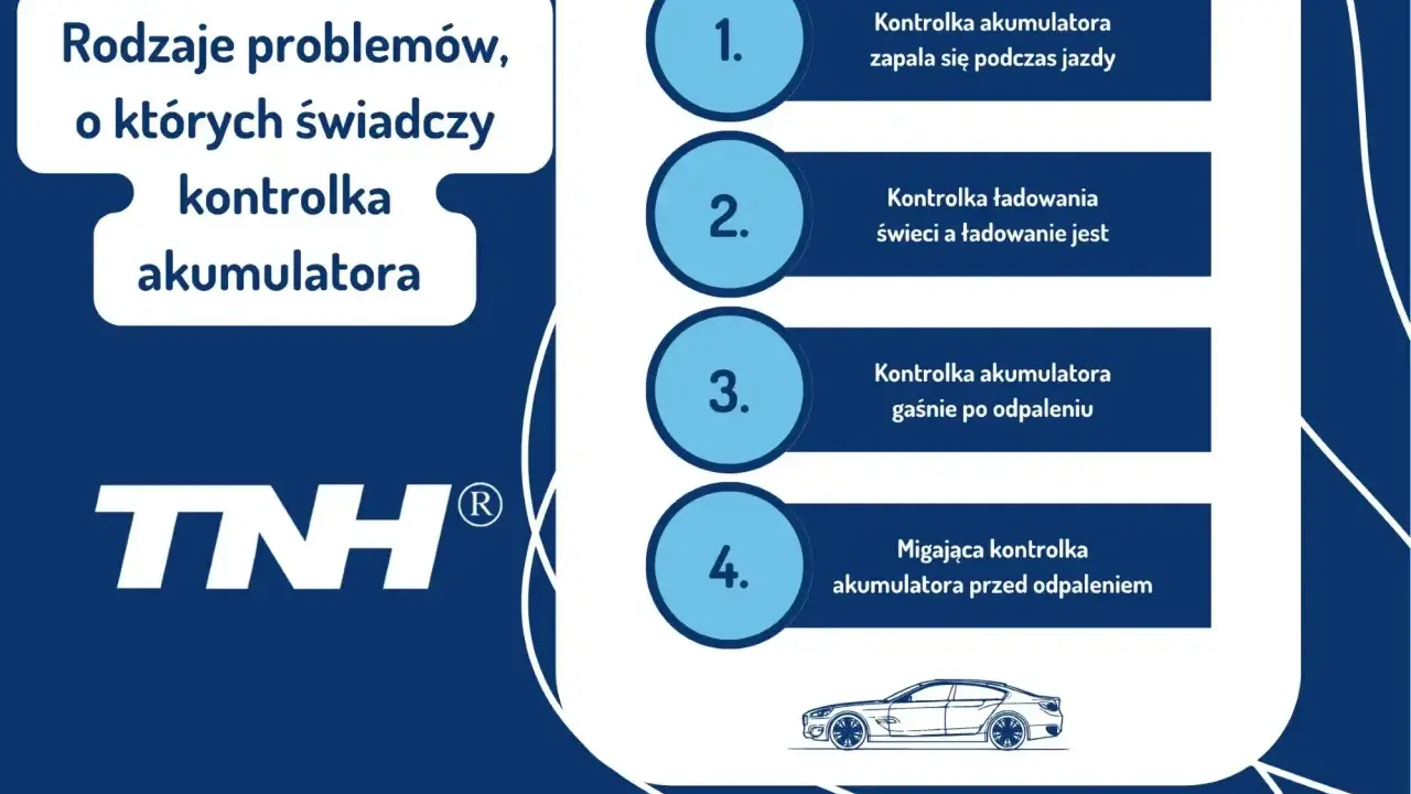 Rodzaje problemów, o których świadczy kontrolka akumulatora: zapala się podczas jazdy, świeci, gaśnie po odpaleniu, miga przed odpaleniem.
