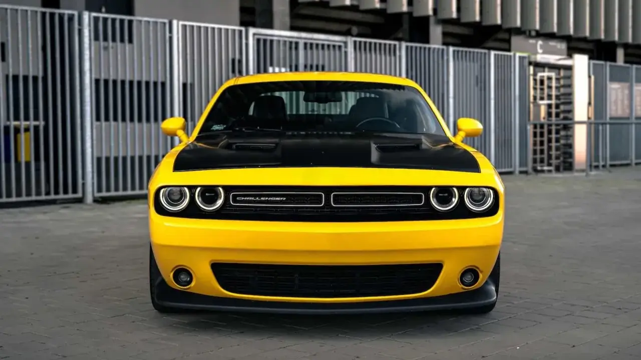 Żółty Dodge Challenger z czarną maską. Sprawdź aktualną dodge challenger cena i znajdź swoją wymarzoną maszynę!