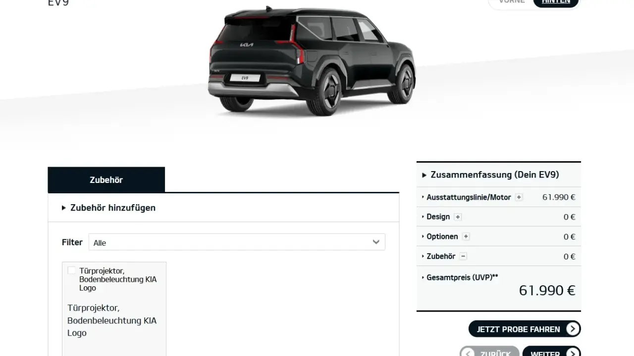 Konfiguracja Kia EV9: czarny SUV z opcją projektora logo na drzwiach. Cena 61.990 €.