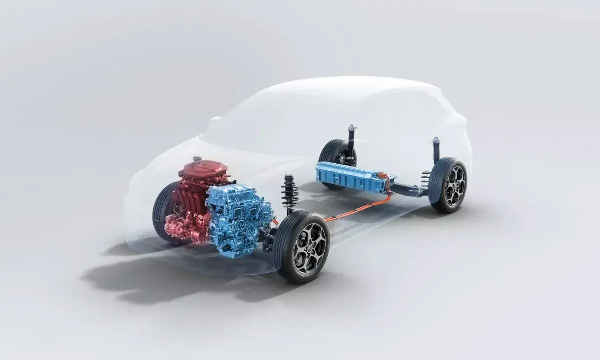 Schemat układu napędowego mg3 hybrid: silnik spalinowy (czerwony), elektryczny (niebieski) i bateria (niebieska).