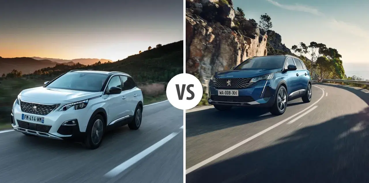 Biały i niebieski Peugeot SUV jadące po krętych drogach.