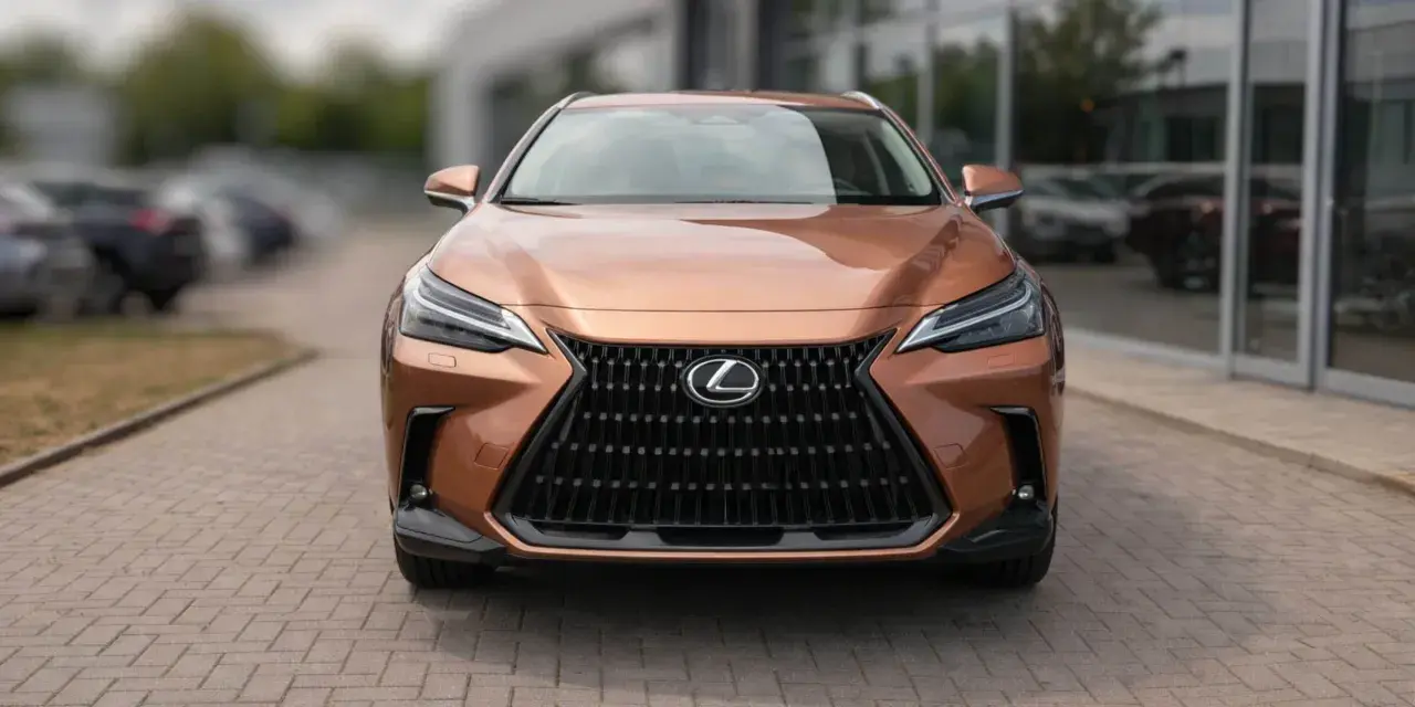 Nowy Lexus 350h w kolorze miedzianym prezentuje się elegancko przed salonem.