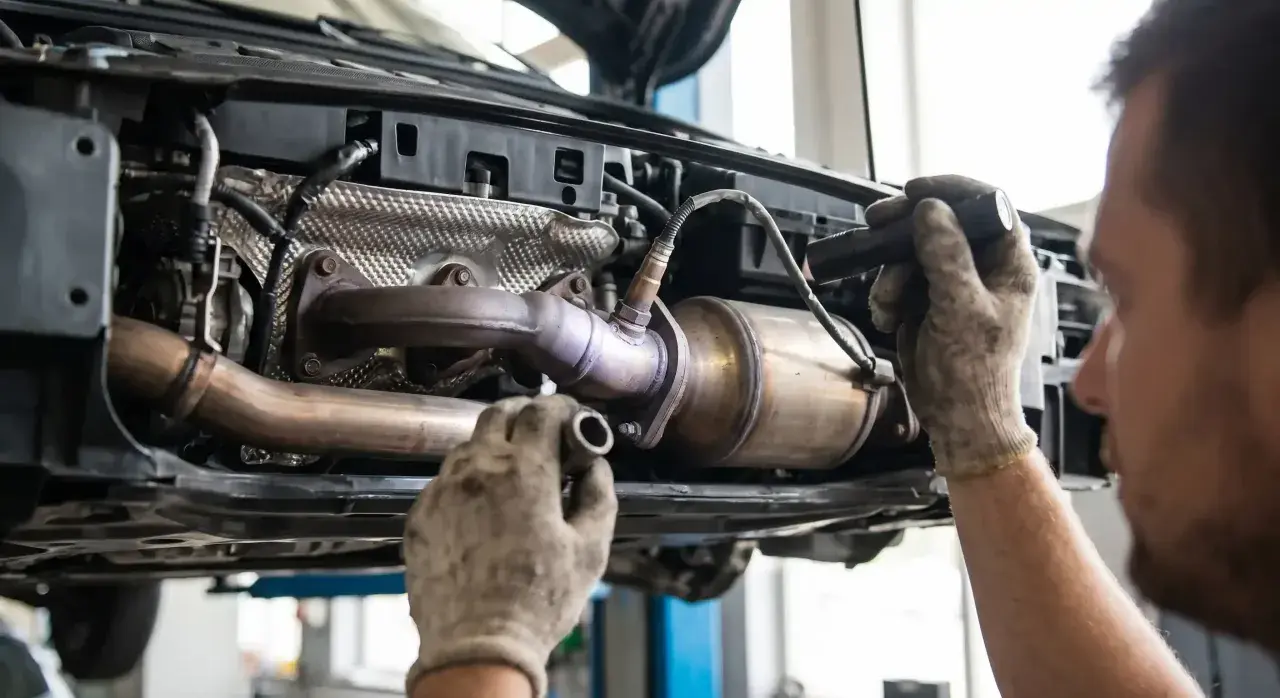Mechanik sprawdza układ wydechowy Toyoty, potencjalnie diagnozując błąd DTC P0420.