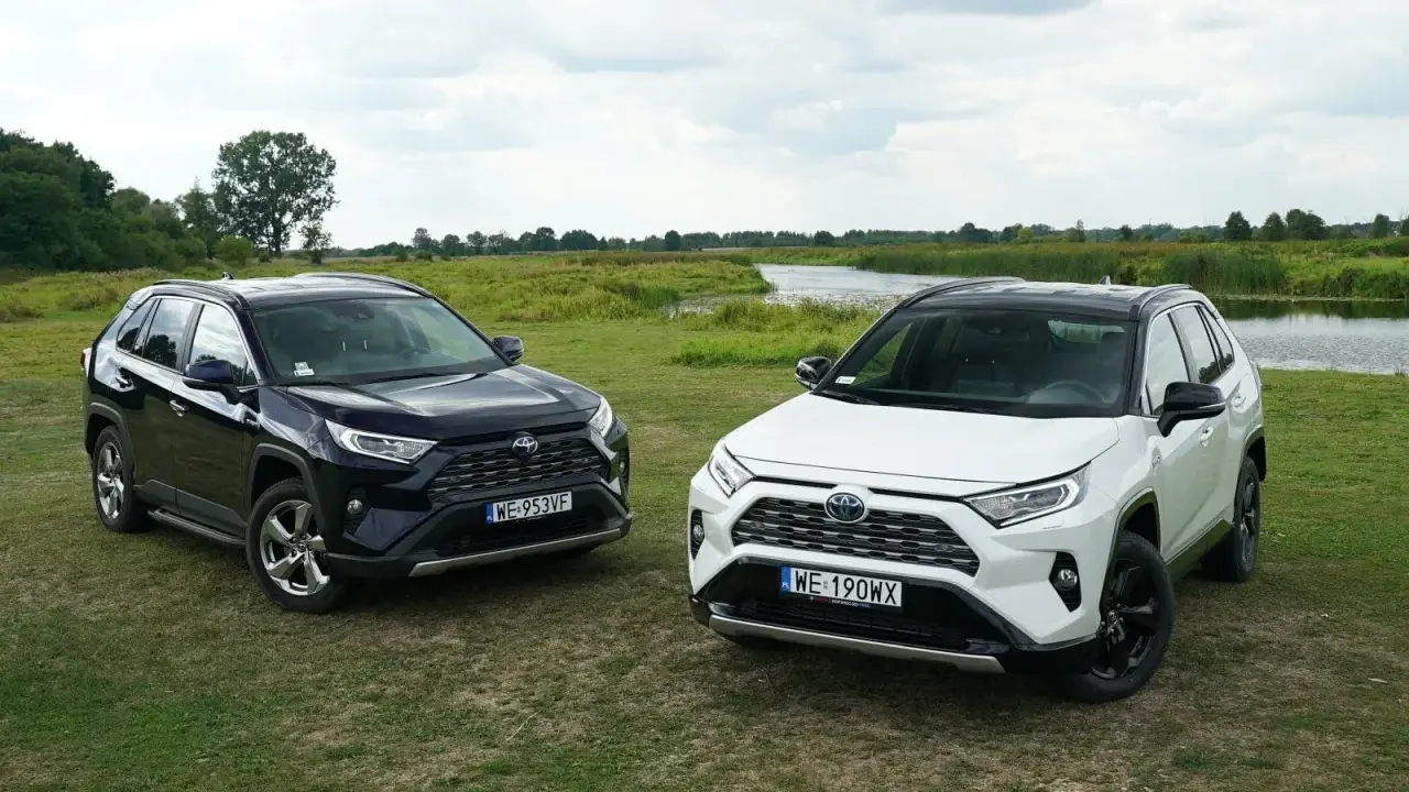 Dwa modele Toyota RAV4 2020, jeden czarny, drugi biały, stoją na trawie nad jeziorem.