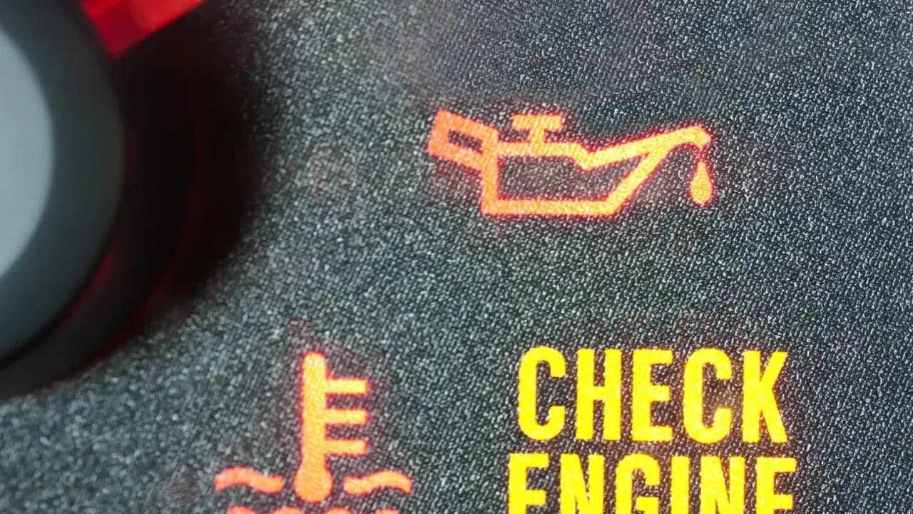 Czerwona kontrolka oleju świeci się na desce rozdzielczej, sygnalizując problem. Obok widoczny symbol termometru i napis "CHECK ENGINE".