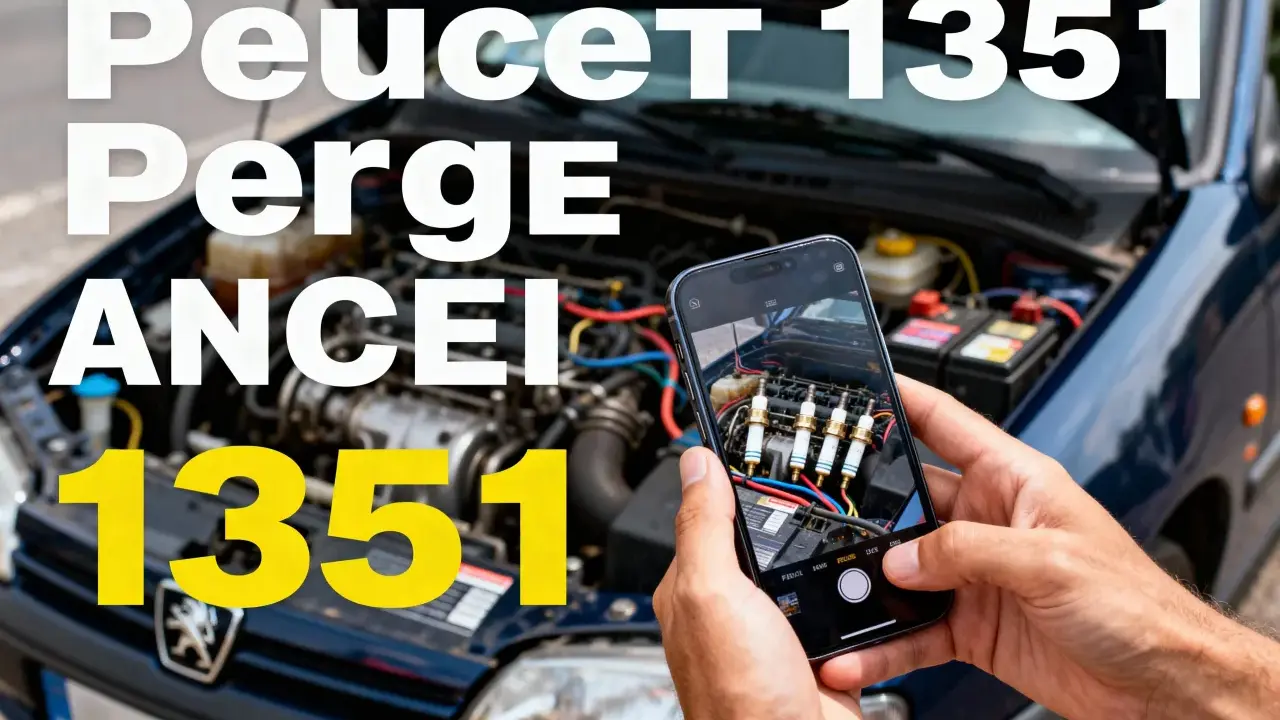 Ręce trzymają telefon, którym fotografują świece zapłonowe w silniku Peugeota. Na ekranie telefonu widoczny jest kod błędu DTC P1351.