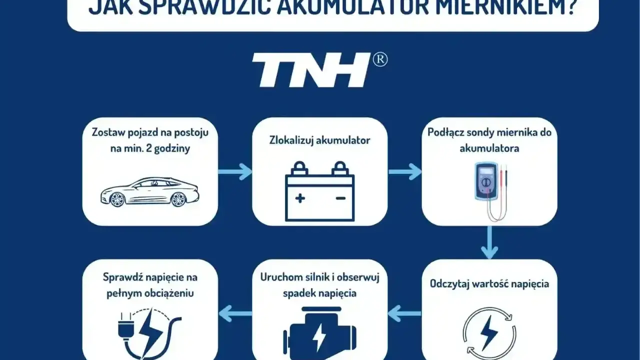 Schemat instrukcji sprawdzania akumulatora miernikiem. Pokazuje kroki: postój pojazdu, lokalizacja akumulatora, podłączenie miernika, odczyt napięcia, uruchomienie silnika i obserwacja spadku napięcia, sprawdzenie napięcia pod obciążeniem.