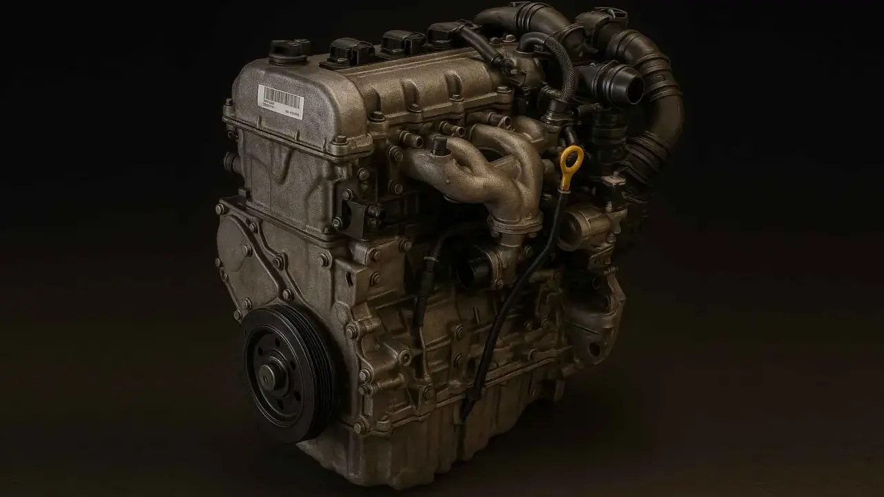 Silnik samochodowy, szczegółowo pokazujący turbosprężarkę, kolektor wydechowy i koło pasowe. Ten **asz**-trakcyjny element mechaniki budzi podziw.
