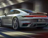 Srebrne Porsche 911 Turbo S pędzi przez tunel. Zastanawiasz się, ile kosztuje Porsche 911?