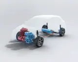 Schemat układu napędowego mg3 hybrid: silnik spalinowy (czerwony), elektryczny (niebieski) i bateria (niebieska).