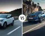 Biały i niebieski Peugeot SUV jadące po krętych drogach.