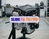 Silnik samochodowy na stojaku, z napisem "SILNIKI FSI, TSI I TFSI".