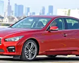 Czerwone infiniti auto z kierowcą na tle miejskiej panoramy.