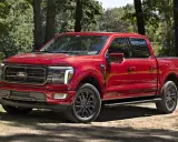 Czerwony Ford F-150 z czarnymi felgami stoi na leśnej ścieżce, gotowy na przygodę.