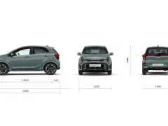 Trzy widoki samochodu Kia Picanto GT-line: z boku, z przodu i z tyłu, wraz z wymiarami.