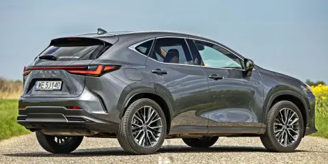 Szary Lexus NX 350h na tle pola rzepaku. Sprawdź, jaka jest aktualna lexus nx 350h cena i wybierz swój wymarzony SUV.