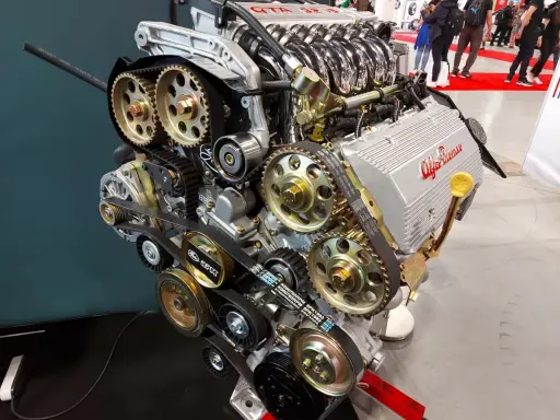 Silnik Alfa Romeo z widocznym układem rozrządu, kołami zębatymi i paskami. Widać napis "GTA 16V" i logo producenta. To serce potężnej maszyny, być może z legendarnym silnikiem hemi.