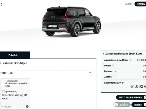Konfiguracja Kia EV9: czarny SUV z opcją projektora logo na drzwiach. Cena 61.990 €.