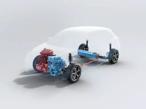 Schemat układu napędowego mg3 hybrid: silnik spalinowy (czerwony), elektryczny (niebieski) i bateria (niebieska).