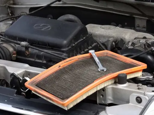 Zużyty filtr powietrza i klucz nastawny na tle silnika. Pytanie: filtr powietrza co ile wymiana?