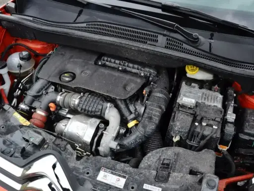 Silnik 1.6 HDI w Peugeot 307, widok komory silnika z turbosprężarką i przewodami.