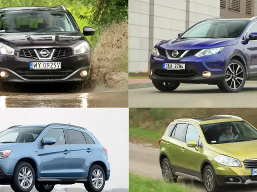 Ciemny i niebieski nowy Nissan Qashqai na tle miejskim, jasnoniebieski SUV i zielony crossover na tle przyrody.