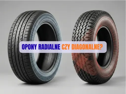 Dwa rodzaje opon: po lewej opony radialne z niebieską siatką, po prawej diagonalne z czerwoną.
