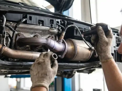 Mechanik sprawdza układ wydechowy Toyoty, potencjalnie diagnozując błąd DTC P0420.