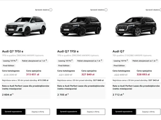 Trzy modele Audi Q7: biały TFSI e, czarny TFSI e i czarny TDI. Sprawdź audi q7 cena i oferty leasingu.