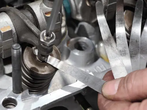 Mechanik sprawdza luzy zaworowe za pomocą szczelinomierza w silniku samochodowym.