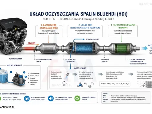 Schemat układu oczyszczania spalin BlueHDi dla silnika 1.9 TDI. Pokazuje katalizator DOC, układ SCR i filtr FAP/DPF.