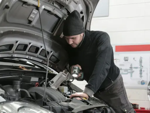 Mechanik z latarką bada silnik Renault, szukając przyczyny błędu DTC P0380.