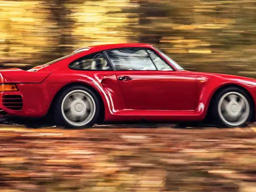 Czerwony Porsche 959 pędzi przez jesienny las, liście tworzą rozmyte smugi.