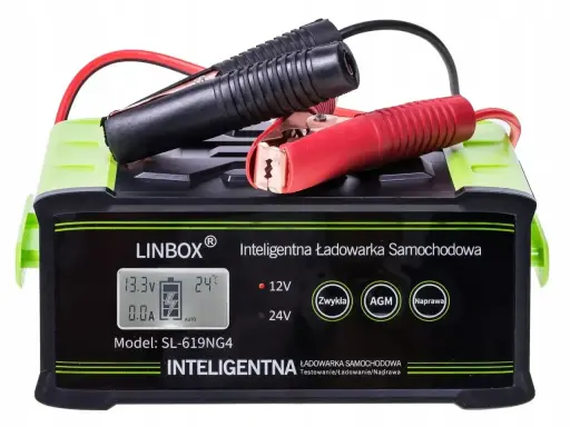 Inteligentna ładowarka samochodowa LINBOX SL-619NG4 z wyświetlaczem, gotowa do pracy. Dowiedz się, jak naładować akumulator.
