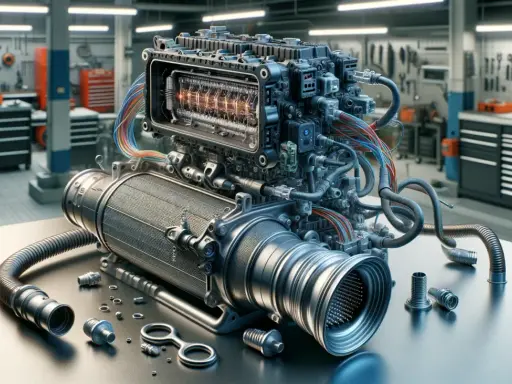 Nowoczesny silnik z widocznymi elementami, jakby przygotowany do diagnozy DTC P0420 Ford.
