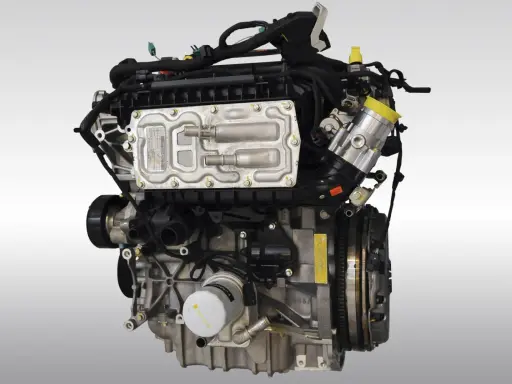 Silnik 1.5 EcoBoost, często chwalony w opiniach za dynamikę i oszczędność. Widoczny na zdjęciu z licznymi przewodami i elementami.