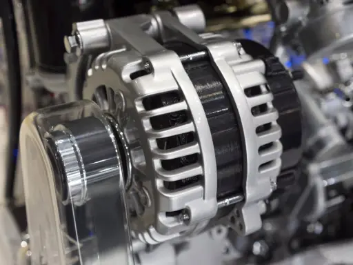 Błyszczący alternator w aucie, kluczowy element układu elektrycznego, gotowy do ładowania akumulatora.