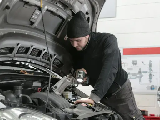 Mechanik z latarką bada silnik 1.6 TDI.