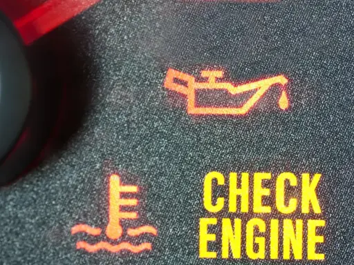 Czerwona kontrolka oleju świeci się na desce rozdzielczej, sygnalizując problem. Obok widoczny symbol termometru i napis "CHECK ENGINE".