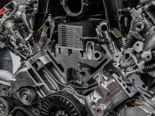 Przekrój silnika z widocznymi tłokami, zaworami i panewkami. Detale mechaniczne w zbliżeniu.