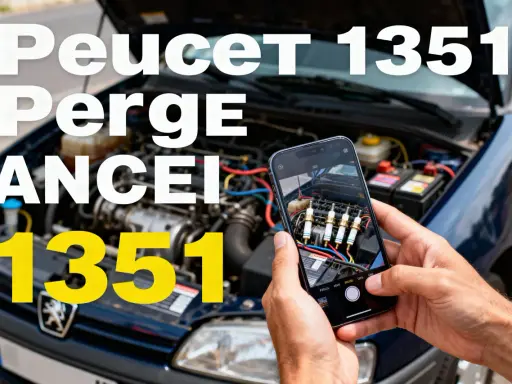 Ręce trzymają telefon, którym fotografują świece zapłonowe w silniku Peugeota. Na ekranie telefonu widoczny jest kod błędu DTC P1351.