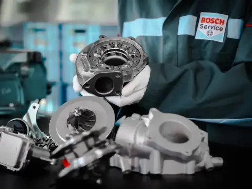 Mechanik w fartuchu Bosch Service prezentuje części turbosprężarki. Dowiedz się, ile kosztuje regeneracja turbiny.