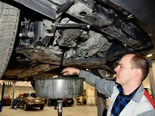 Mechanik wymienia olej w samochodzie. Regularna wymiana oleju co 15 tys. km lub raz w roku zapewnia płynną pracę silnika.