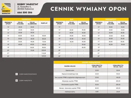 Cennik wymiany opon: tabele z cenami montażu opon osobowych, 4x4 i dostawczych, oraz usługi dodatkowe.
