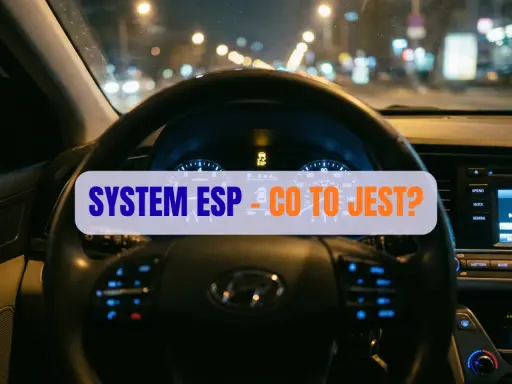 Widok na deskę rozdzielczą samochodu nocą. Na ekranie świeci się kontrolka ESP, a na kierownicy napis "SYSTEM ESP - CO TO JEST?".