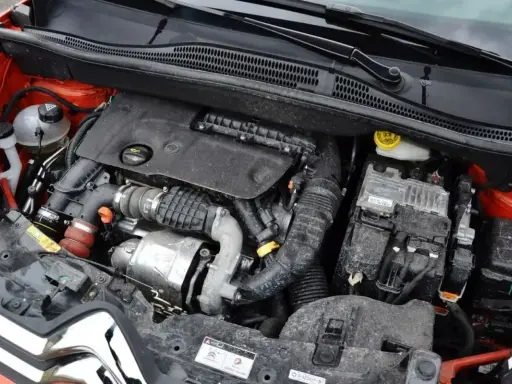 Silnik 1.6 HDI w samochodzie, widoczne elementy układu dolotowego, turbosprężarka i skrzynka bezpieczników.