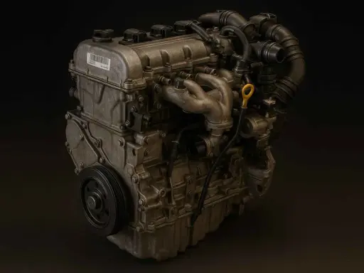 Silnik samochodowy, szczegółowo pokazujący turbosprężarkę, kolektor wydechowy i koło pasowe. Ten **asz**-trakcyjny element mechaniki budzi podziw.