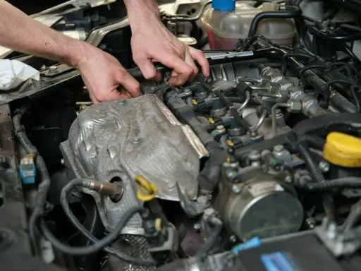 Mechanik pracuje przy silniku, wymieniając czujnik położenia wałka rozrządu.