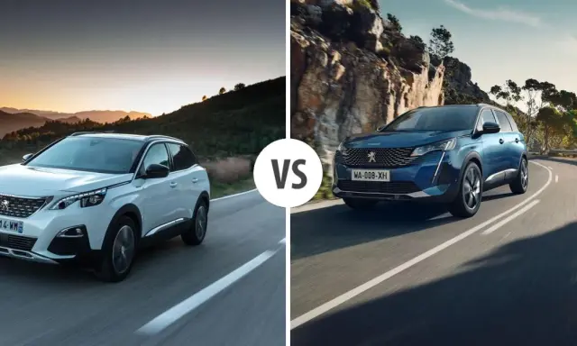 Biały i niebieski Peugeot SUV jadące po krętych drogach.