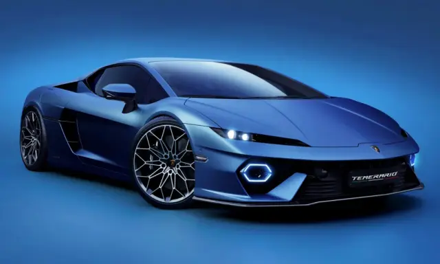Niebieskie Lamborghini Temerario na tle. Zastanawiasz się, ile kosztuje Lamborghini? Ten model to marzenie!